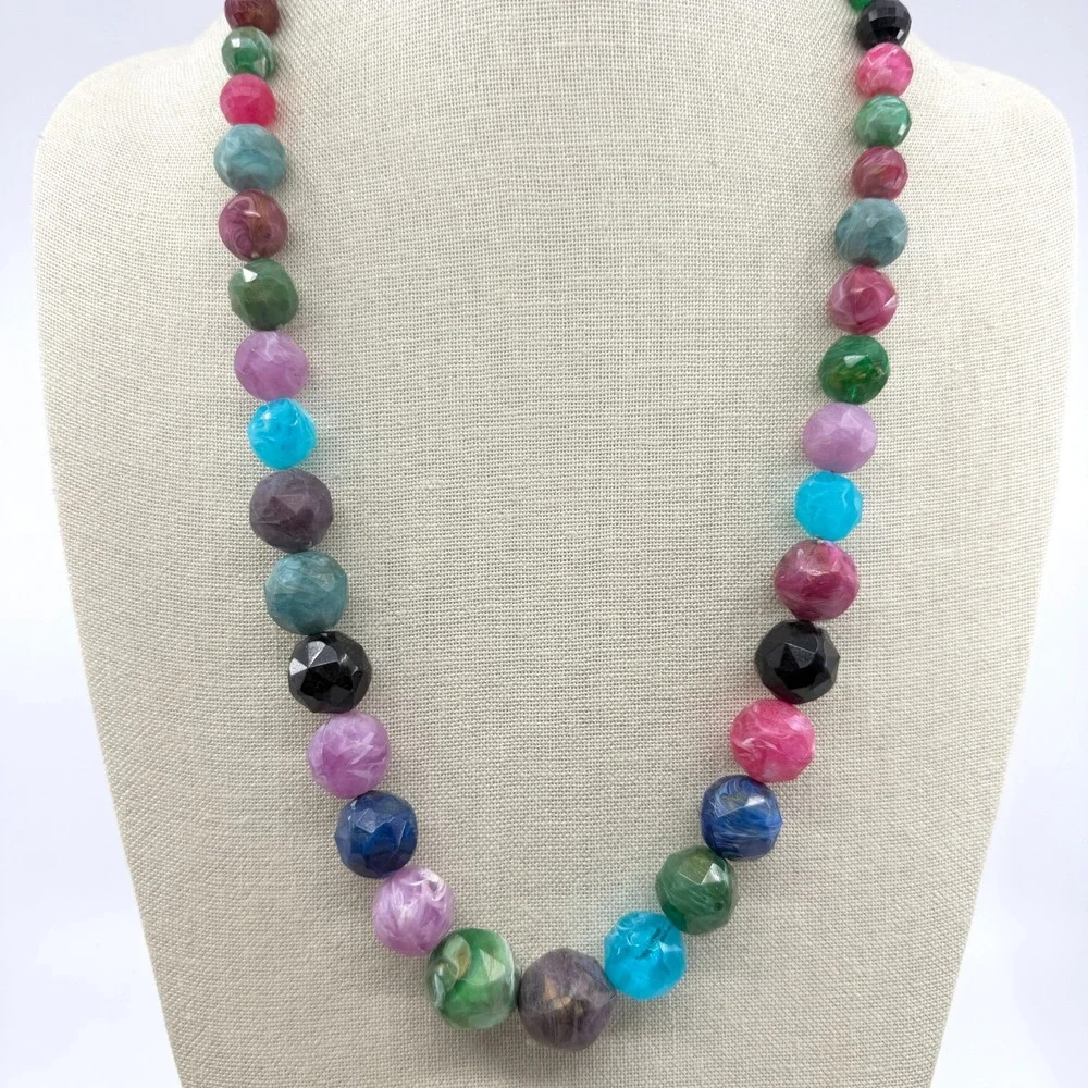 Multicolor Faceted Marbled Bead Long Necklace Chunky Boho Statement Jewelry